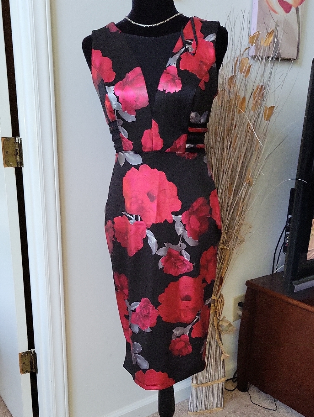 Enfocus Studio Black Midi Dress with Red Floral Print